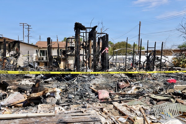A home in Twentynine Palms, California, shows extensive damage Aug. 24, 2026, following an explosion and fire Aug. 21. Navy hospital corpsmen and Marines responded to the incident, helping rescue two injured residents, evacuate neighboring homes and provide medical assistance until civilian emergency responders arrived. (U.S. Navy photo by Christopher Jones, NH/NMRTC Twentynine Palms public affairs officer).
