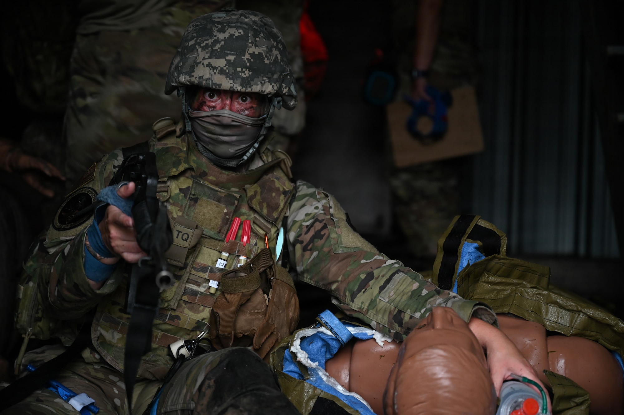 U.S. Air Force Maj. Lindsey Whelan, a Critical Care Air Transport Team (CCATT) Airmen from the 157th Air Refueling Wing, maintains the security during the course’s capstone event at Barnes Air National Guard Base, Westfield, Mass., August 23, 2026. The course was held August 15-23. (U.S. Air National Guard photo by Airman 1st Class Ellen Ozkaptan)