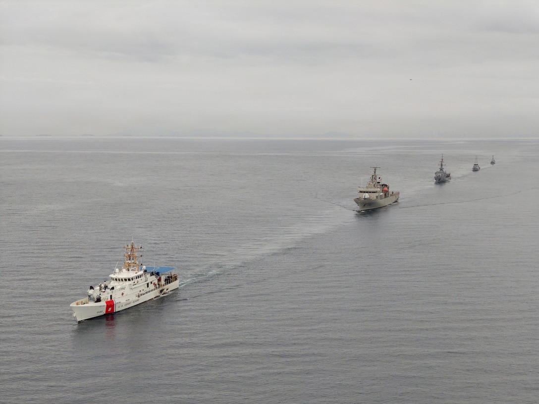 From left to right, U.S. Coast Guard fast response cutter USCGC Robert Ward (WPC 1130), Mexican navy ARM Jalisco, Ecuadorian navy BAE Loja, Colombian navy coastal patrol vessel ARC Isla Gorgona, and the Panamanian National Aeronaval Service Panquiaco (P-301) perform a formation sailing exercise in the Pacific Ocean near Panama, during PANAMAX 2026, Aug. 6, 2026.