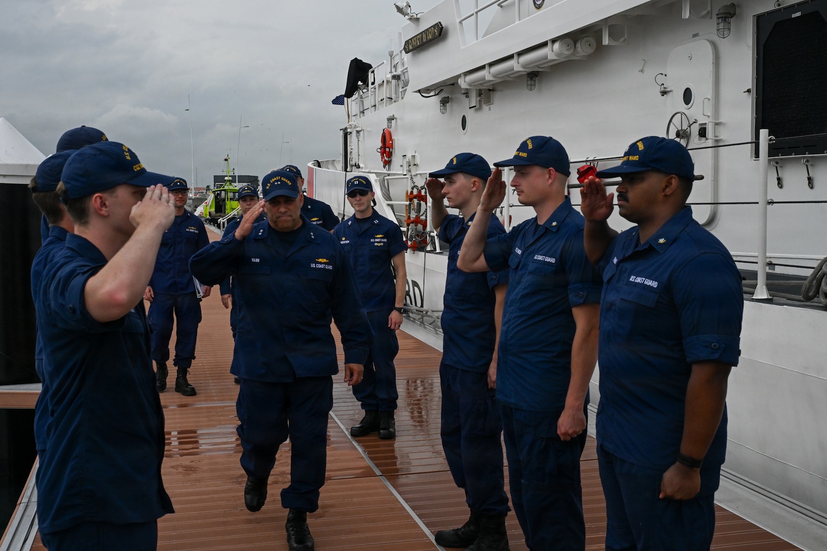 Deputy Commander of U.S. Coast Guard Atlantic Area Rear Adm. John Vann is saluted by sideboys before a tour of the USCGC Sentinel-class Robert Ward (WPC-1130) in Panama, Aug. 12, 2026.