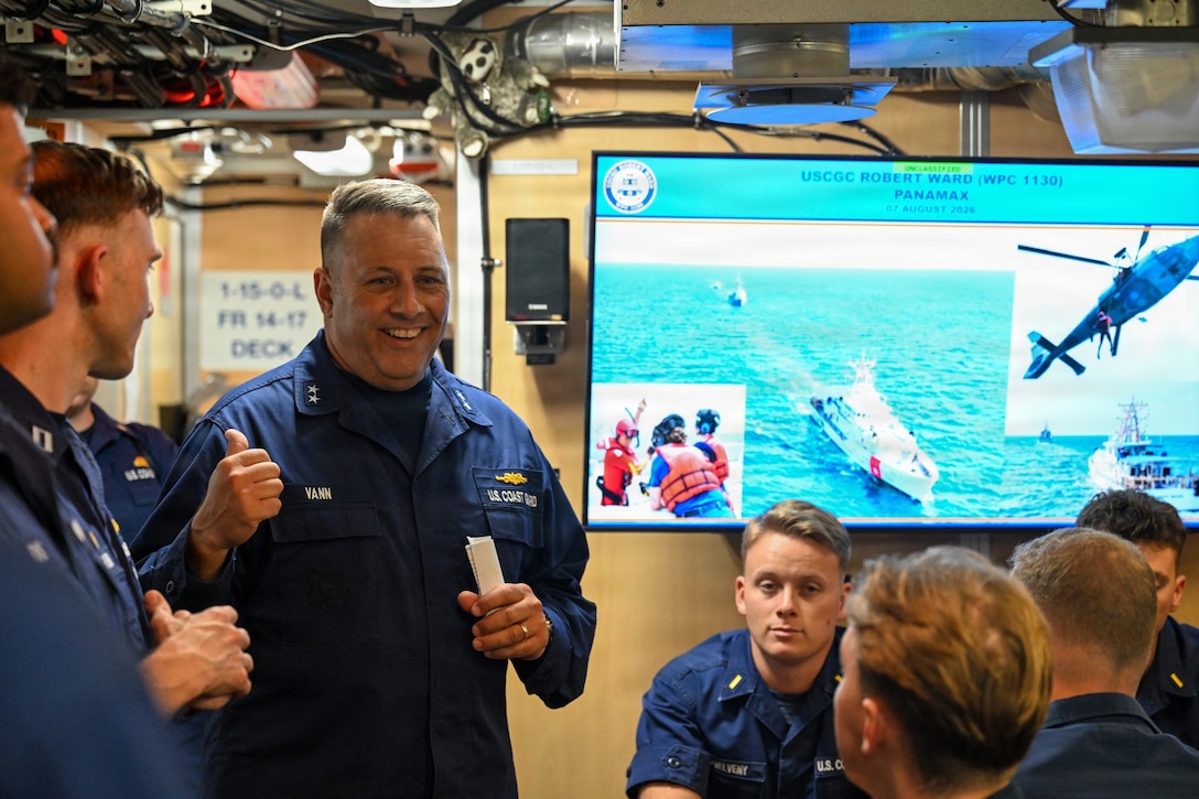 Deputy Commander of U.S. Coast Guard Atlantic Area Rear Adm. John Vann speaks to members of the USCGC Sentinel-class Robert Ward (WPC-1130) about there role during PANAMAX 2026 in Panama, Aug. 12, 2026.