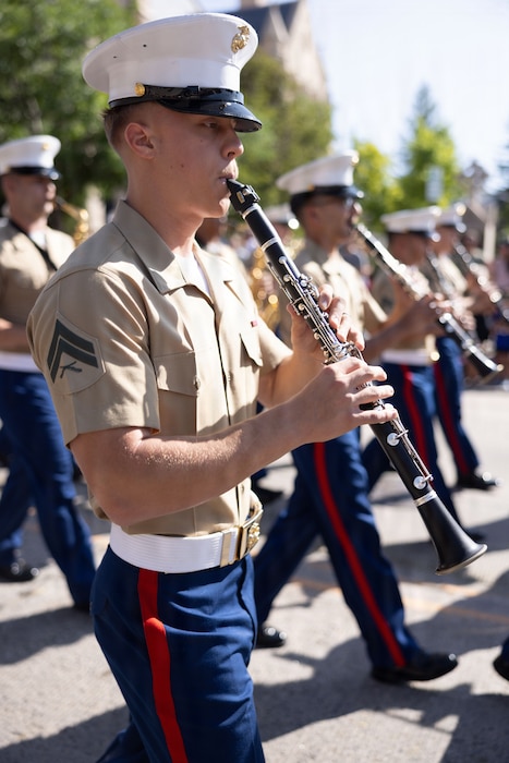 U.S. Marine Corps Cpl. Andrew Wiles, a clarinet instrumentalist with the 1st Marine Division Band, plays the clarinet during the Cheyenne Frontier Days Festival Parade in Cheyenne, Wyoming, July 18, 2026. The 130th annual Cheyenne Frontier Days is a 10-day festival drawing nearly 200,000 visitors and features the world’s largest outdoor rodeo and western entertainment in Cheyenne, Wyoming. (U.S. Marine Corps photo by Lance Cpl. Aiyana Bridges)