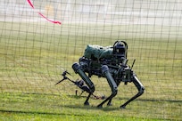 A quadruped unmanned ground vehicle is positioned near a downed drone during Exercise Northern Strike 26-2, at Alpena Combat Readiness Training Center, Michigan, Aug. 10, 2026.