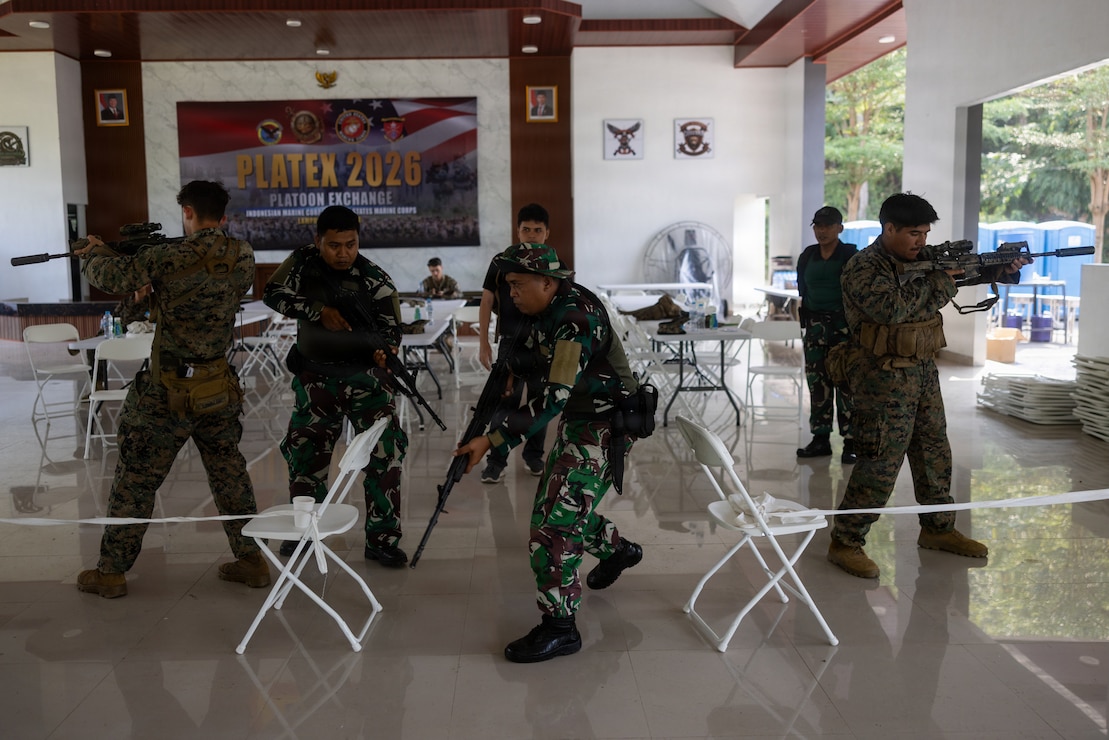 U.S. Marines with Alpha Company, 1st Battalion, 5th Marine Regiment, Marine Rotational Force – Darwin 26, and Indonesian marines with 7th Infantry Battalion, 4th Brigade, practice how to clear a room during an urban combat tactics class as part of a platoon exchange at the Indonesian Marine Corps 7th Battalion base near Lampung, Indonesia, Aug. 24, 2026.