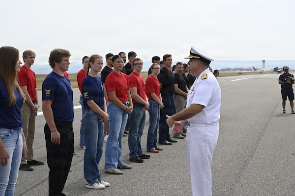 BILLINGS, Mont. (Aug. 22, 2026) – U.S. Navy Rear Adm. Matthew Case, acting Surgeon General and acting chief, U.S. Navy Bureau of Medicine and Surgery, speaks to future Sailors, Marines, Soldiers, and Airmen at the Yellowstone International Air Show during Billings Navy Week, Aug. 22. Case administered the oath of enlistment to over 40 future servicemembers. Navy Medicine's 44,000+ talented and ready forces optimize health readiness, deliver quality healthcare, and provide global expeditionary medical support to warfighters. (U.S. Navy photo by Mass Communication Specialist 2nd Class Sasha Ambrose)