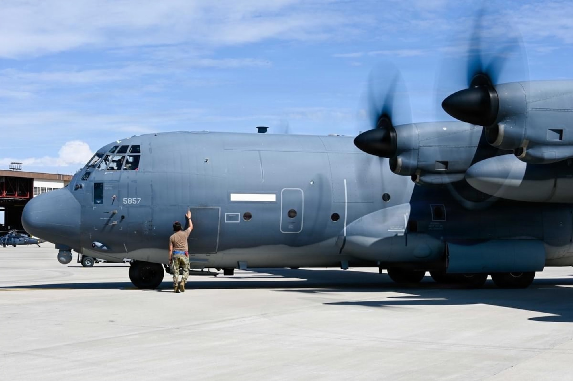 A 150th Special Operations Wing Crew Chief does a final walk through before sending off a HC-130J Combat King II, October 4th, 2025