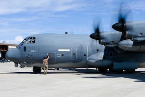A 150th Special Operations Wing Crew Chief does a final walk through before sending off a HC-130J Combat King II, October 4th, 2025