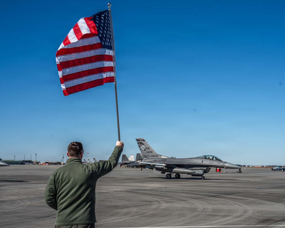 A U.S. Air Force F-16 Fighting Falcon aircraft assigned to the 114th Fighter Wing waits to taxi to the runway during exercise Sentry South 26.1 at the Air Dominance Center, Savannah Air National Guard Base, Georgia, Jan. 27, 2026.