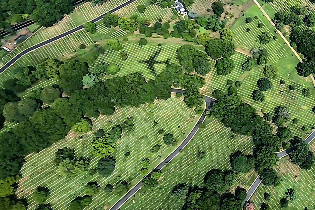 An aerial view of a cemetery surrounded by trees with the shadow of an aircraft at the top.