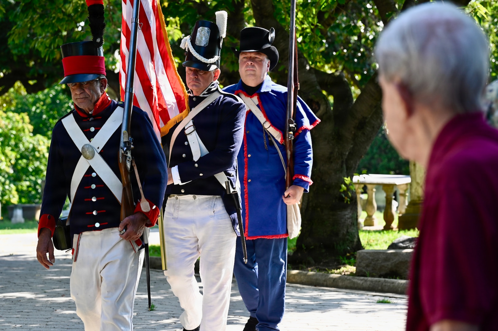 Members of the Maryland Society, Sons of the American Revolution Color Guard post the colors during a Battle of Bladensburg Wreath-Laying Ceremony at Historic Congressional Cemetery in Washington, D.C., Aug. 24, 2026. The ceremony honored members of the D.C. Militia who answered the call to defend the nation’s capital during the Battle of Bladensburg in 1814 and recognized the enduring legacy of the Citizen-Soldier.