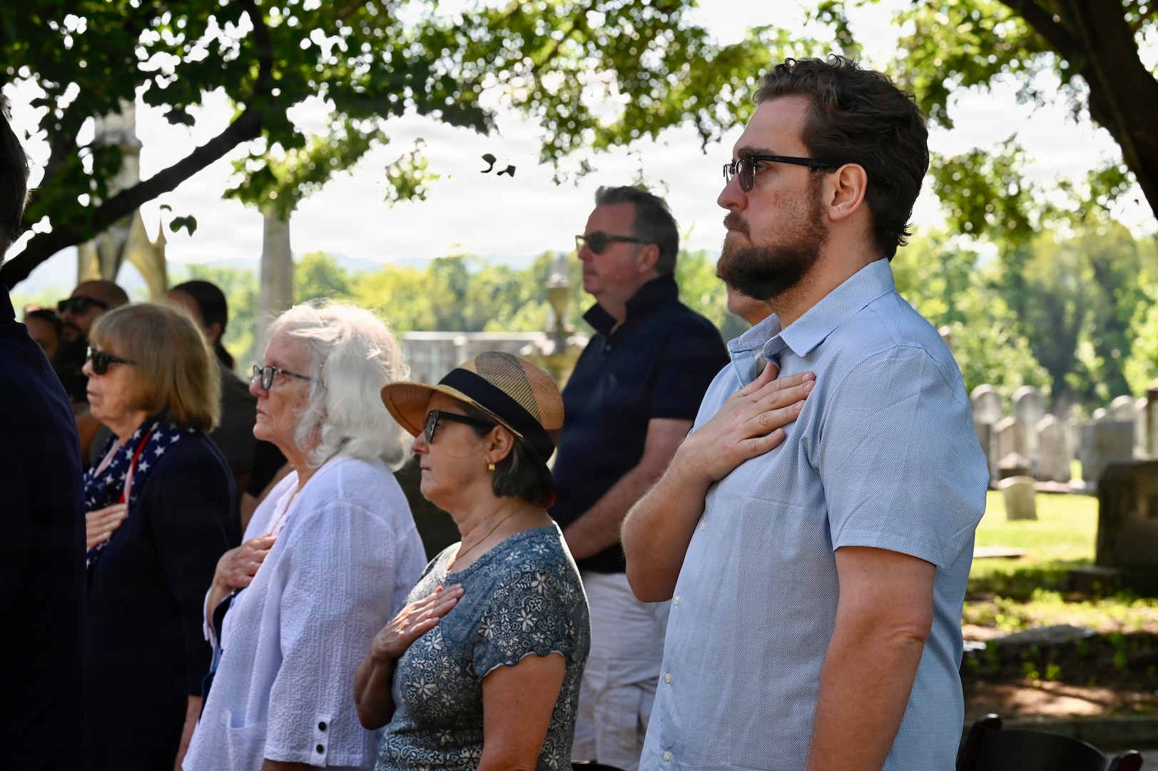Members of the public render honors as the Maryland Society, Sons of the American Revolution Color Guard posts the colors during a Battle of Bladensburg Wreath-Laying Ceremony at Historic Congressional Cemetery in Washington, D.C., Aug. 24, 2026. The ceremony honored members of the D.C. Militia who answered the call to defend the nation’s capital during the Battle of Bladensburg in 1814 and recognized the enduring legacy of the Citizen-Soldier.