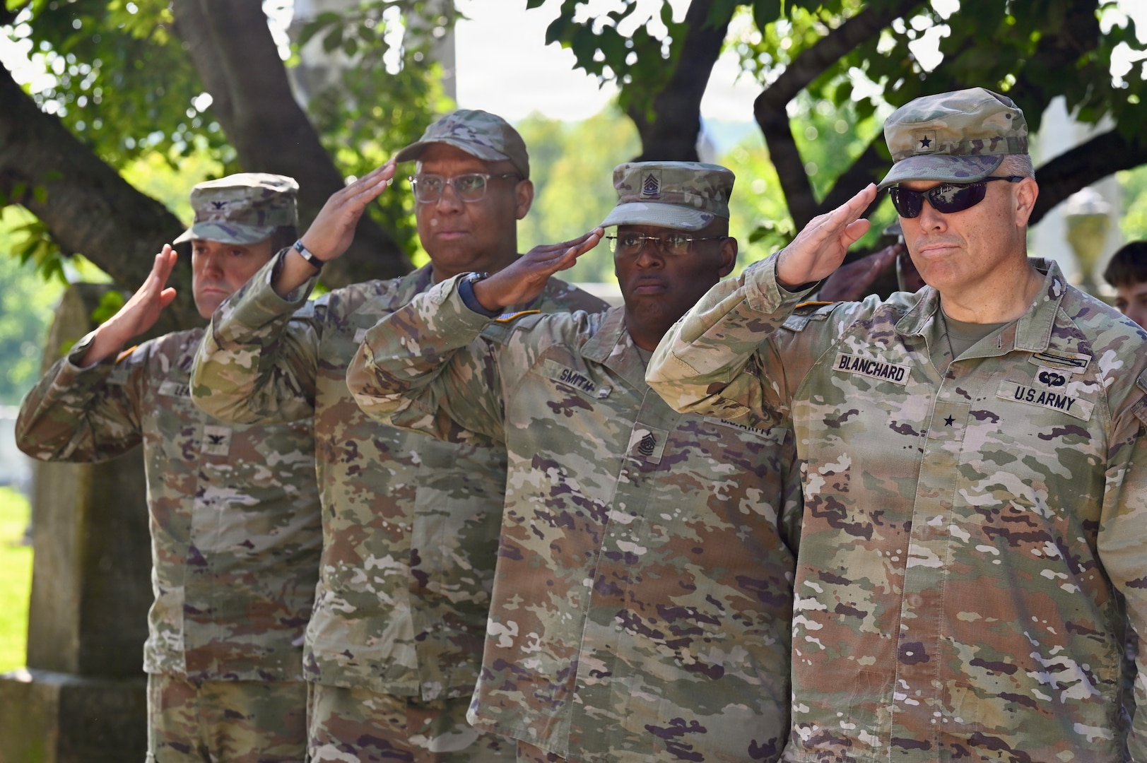 Members of the D.C. National Guard render a salute as the Maryland Society, Sons of the American Revolution Color Guard posts the colors during a Battle of Bladensburg Wreath-Laying Ceremony at Historic Congressional Cemetery in Washington, D.C., Aug. 24, 2026. The ceremony honored members of the D.C. Militia who answered the call to defend the nation’s capital during the Battle of Bladensburg in 1814 and recognized the enduring legacy of the Citizen-Soldier.