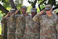 Members of the D.C. National Guard render a salute as the Maryland Society, Sons of the American Revolution Color Guard posts the colors during a Battle of Bladensburg Wreath-Laying Ceremony at Historic Congressional Cemetery in Washington, D.C., Aug. 24, 2026. The ceremony honored members of the D.C. Militia who answered the call to defend the nation’s capital during the Battle of Bladensburg in 1814 and recognized the enduring legacy of the Citizen-Soldier.
