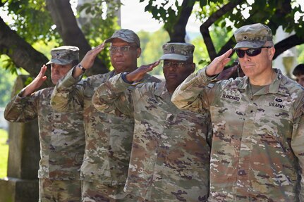 Members of the D.C. National Guard render a salute as the Maryland Society, Sons of the American Revolution Color Guard posts the colors during a Battle of Bladensburg Wreath-Laying Ceremony at Historic Congressional Cemetery in Washington, D.C., Aug. 24, 2026. The ceremony honored members of the D.C. Militia who answered the call to defend the nation’s capital during the Battle of Bladensburg in 1814 and recognized the enduring legacy of the Citizen-Soldier.
