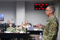 Gen. Gregory Guillot, commander of North American Aerospace Defense Command (NORAD) and U.S. Northern Command (USNORTHCOM), speaks to senior legal leaders at Peterson Space Force Base, Colorado, during the NORAD and USNORTHCOM Legal Symposium Aug. 20, 2026. The three-day engagement provided an opportunity for collaboration on critical topics, including Arctic Operations, authorities to counter threats from unmanned aerial systems, and legal interoperability. (Department of War photo by Blake Macias)