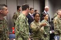 Senior legal leaders from across the Department of War, including The General Counsel, as well as The Judge Advocates General of the Services and the Canadian Armed Forces, speak prior to a brief at Peterson Space Force Base, Colorado, during the North American Aerospace Defense Command and U.S. Northern Command Legal Symposium Aug. 20, 2026. The three-day event provided an opportunity for collaboration on critical topics, including Arctic Operations, authorities to counter threats from unmanned aerial systems, and legal interoperability. (Department of War photo by Blake Macias)