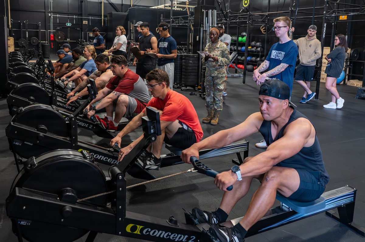 Participants compete in a rowing challenge during the first Misawa’s Strongest 100 competition at Misawa Air Base, Japan, Aug. 22, 2026. The competition challenged participants through a series of physical events designed to test strength, endurance and resilience while promoting the physical readiness necessary to meet joint and bilateral mission demands for the U.S. Forces Japan. (U.S. Air Force photo by Airman 1st Class Angelica Winther)