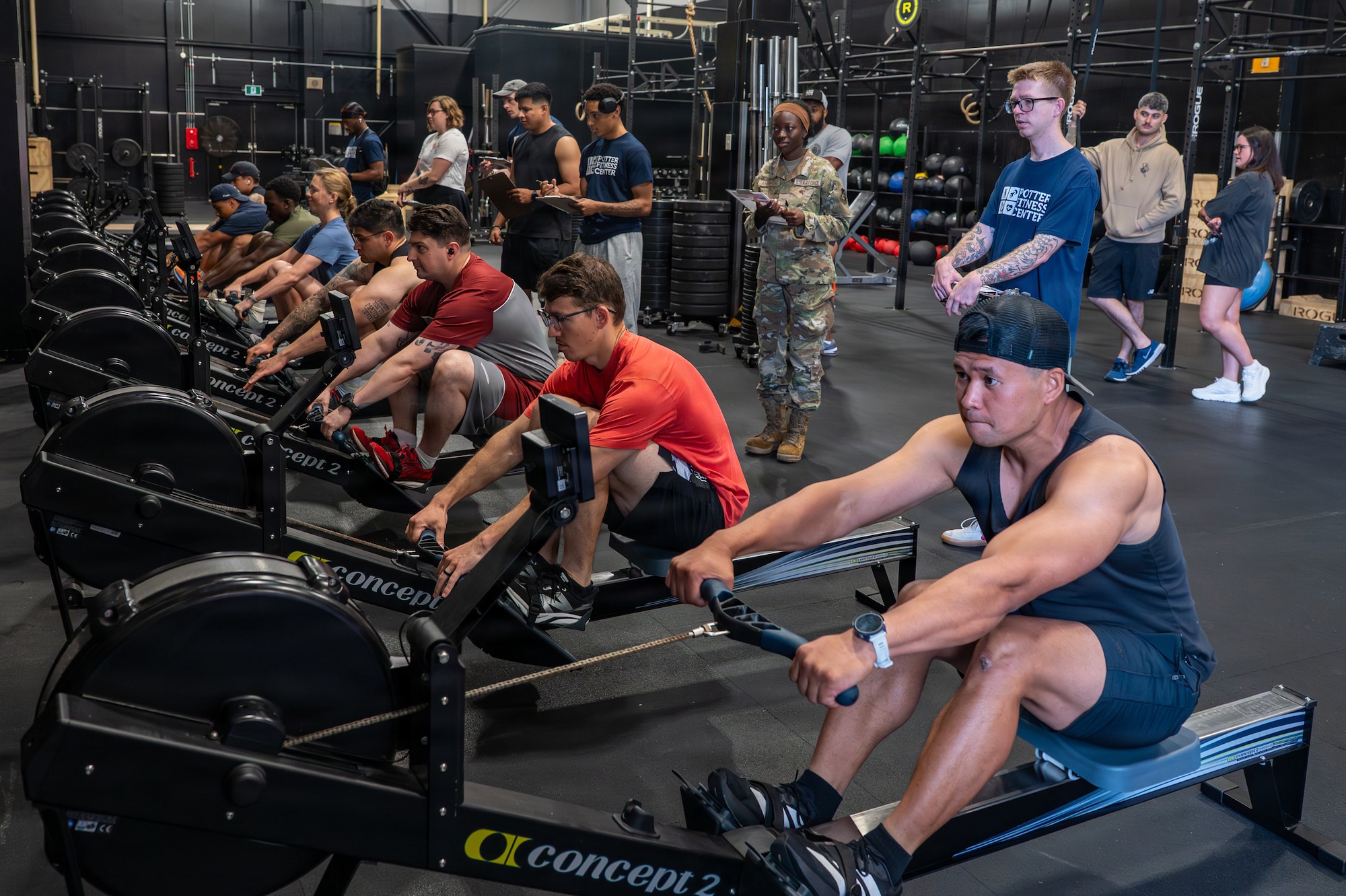 Participants compete in a rowing challenge during the first Misawa’s Strongest 100 competition at Misawa Air Base, Japan, Aug. 22, 2026. The competition challenged participants through a series of physical events designed to test strength, endurance and resilience while promoting the physical readiness necessary to meet joint and bilateral mission demands for the U.S. Forces Japan. (U.S. Air Force photo by Airman 1st Class Angelica Winther)