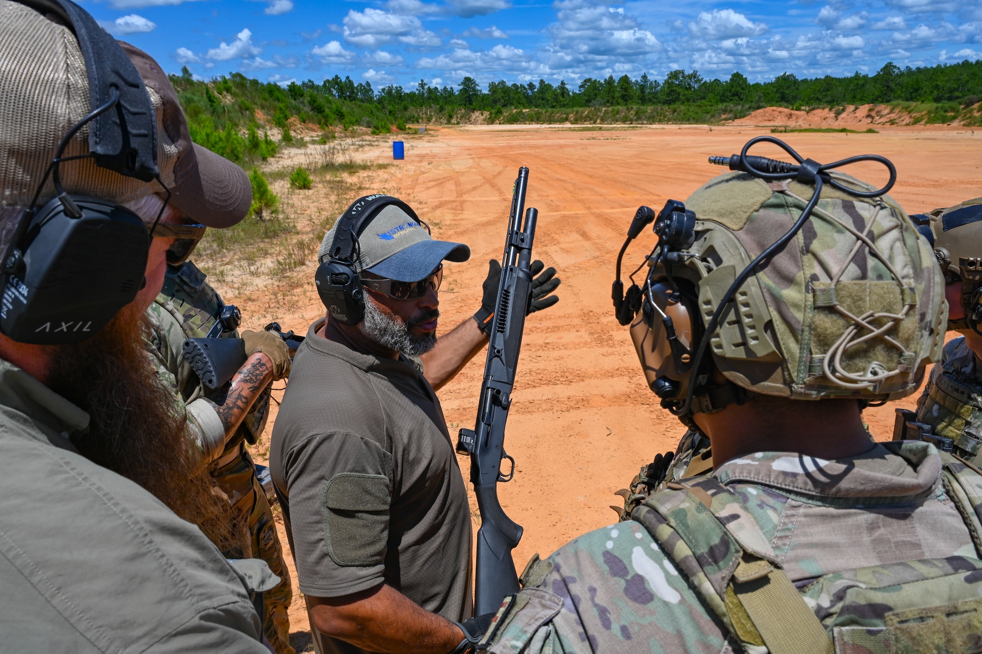 A cadre member gives a safety brief to Airmen assigned to the 31st Air Task Force during counter-small unmanned aerial system defense training near Hurlburt Field, Florida, Aug. 7, 2026. The training enhanced the unit's ability to rapidly detect, track, and filter aerial objects in real time, ensuring early warning of potential airborne threats. (U.S. Air Force photo by Staff Sgt. Ty Pilgrim)