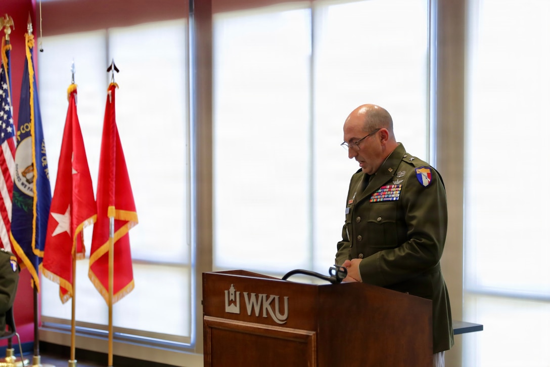 Newly promoted Brig. Gen. Michael Armstrong delivers remarks following his promotion ceremony at Western Kentucky University in Bowling Green, Kentucky, Aug. 23, 2026.