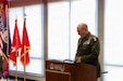 Newly promoted Brig. Gen. Michael Armstrong delivers remarks following his promotion ceremony at Western Kentucky University in Bowling Green, Kentucky, Aug. 23, 2026. Armstrong addressed attendees on the responsibilities of general officer leadership, his decades of service as an Army aviator, and the personal significance of returning to his alma mater. (U.S. Army National Guard photo by Sgt. Georgia Napier)