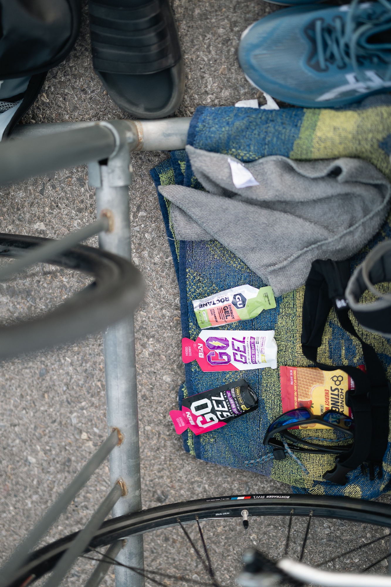 Athletes prepare their gear before competing in a sprint triathlon at Altus Air Force Base, Oklahoma, Aug. 22, 2026. The event brought together approximately 60 participants for a 750-meter swim, 20-kilometer bike ride and 5-kilometer run. (Courtesy photo by Haylee Bliss)