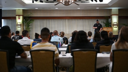 A Global Training Institute instructor speaks to students on the first day of the Armed Forces Advanced Trauma Training at the Hale Koa Hotel, Aug. 18, 2026.