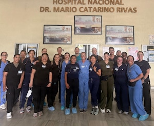 U.S. Airmen assigned to the 944th Aeromedical Staging Squadron and Honduran medical professionals pose for a group photo at Hospital Mario Catarino Rivas during a Medical Readiness Training Exercise in San Pedro Sula, Honduras. The U.S. Southern Command managed exercise provided Airmen hands-on experience working alongside host-nation medical professionals while supporting patient care in local hospitals and community outreach locations. (Courtesy photo)