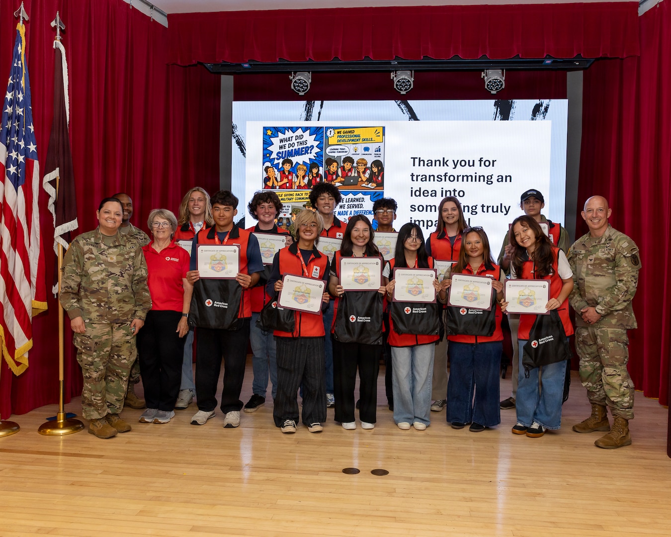 Twelve participants completed Tripler Army Medical Center's VolunTEEN program, a summer program created in collaboration with the American Red Cross. The program provides CPR- and HIPAA-certified teens ages 14-17 with hands-on medical experience. From June 1-July 10, participants volunteer six hours each week for a total of 70 hours, rotating through clinics to support staff and develop professional skills. Picture: (Left); Maj. Erika J. Duarte, U.S. Army Command Sgt. Maj. Omar J Bond, Jackie Wheelen, James Payne, Ignago Zayco, Owen Hornberger, Santiago Saranghilo, Len Green, Kaethe Durnell, Anthony Mancia, Keighley Delosreyes, Catherine O'Connor, Jade Concepcion, Nikokai Cardona and Marcela Deleo, and U.S. Army Col. William F. Bimson, director, Tripler Army Medical Center.