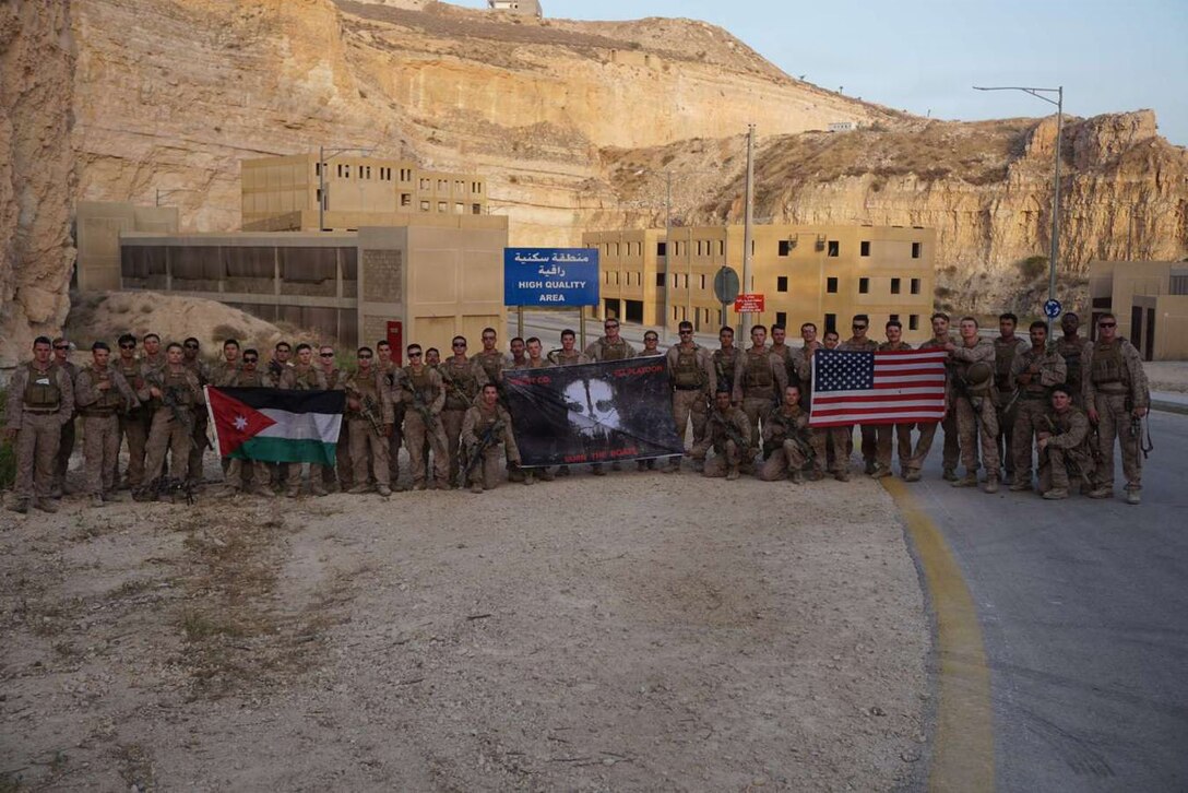 U.S. Marines with Golf Company, 2nd Platoon, 1st Marine Division, pose for a photograph following platoon-level training at the King Abdullah II Special Operations Training Centre in Amman, Jordan, 2021. (Courtesy photo by Lance Cpl. Noah Smith)