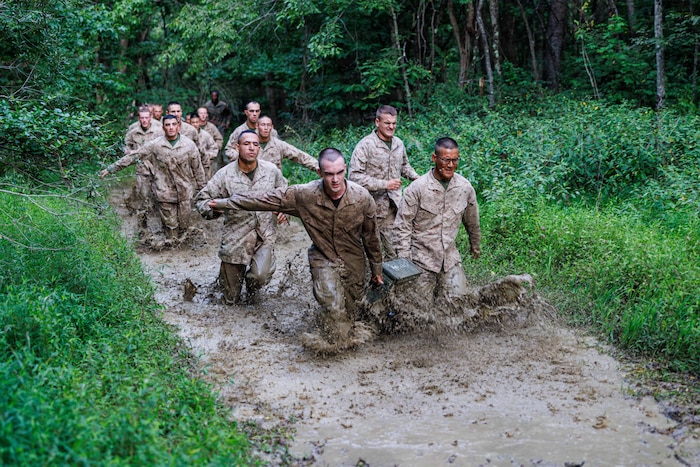 Two men wearing camouflage military uniforms carry an ammo can while walking through a muddy stream in the jungle; a dozen other people in similar attire are walking behind them.