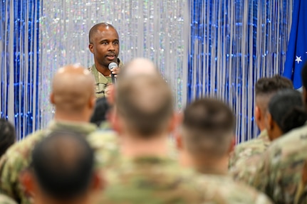 U.S. Air Force Chief Master Sgt. Anthony Thompson Jr., senior enlisted leader for Joint Base Anacostia-Bolling and 11th Wing command chief, addresses attendees of the staff sergeant release party.