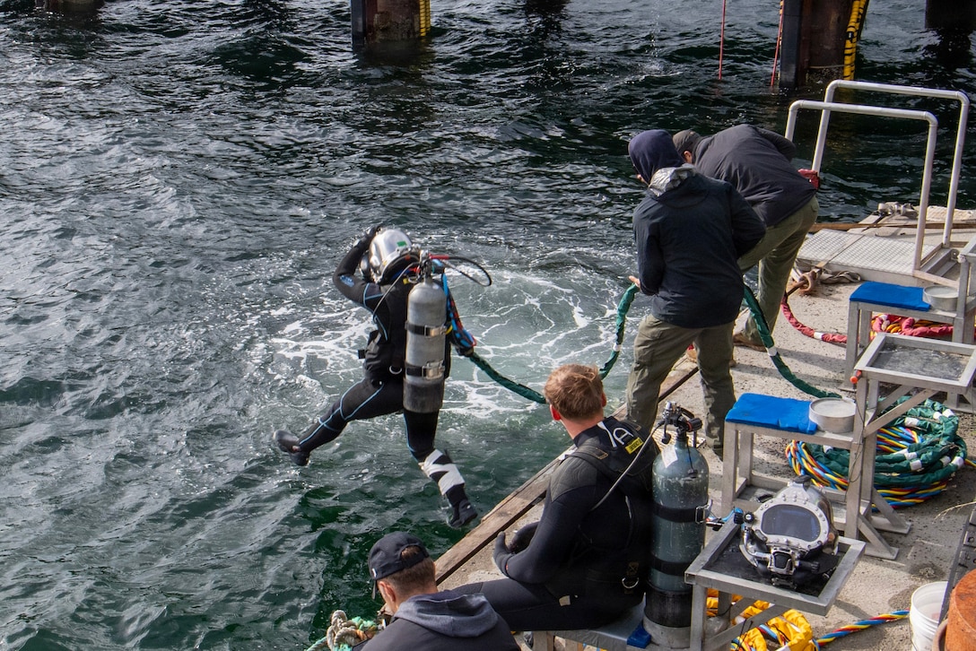 A sailor in diving gear and attached to a cable steps off a dock into water, as five people, one wearing a wetsuit and oxygen tank, look on; a person holds and guides the cable.