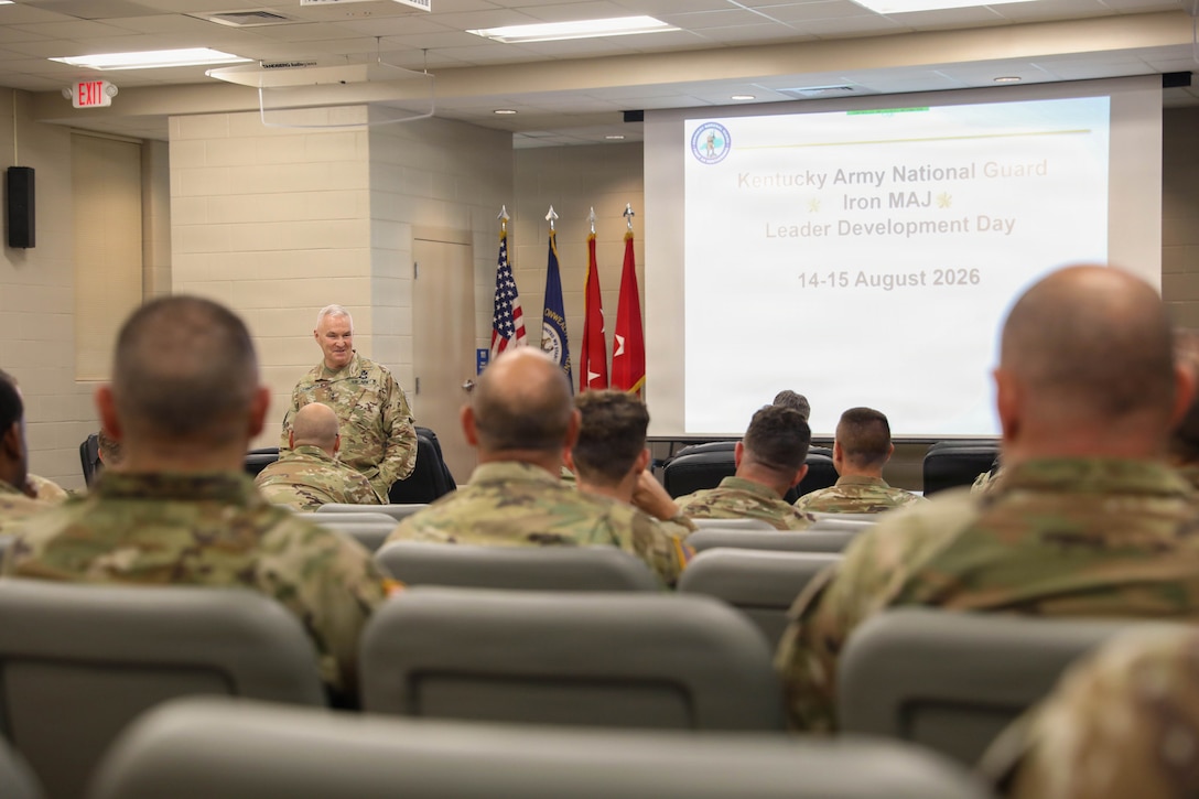 U.S. Army Maj. Gen. Haldane Lamberton, Kentucky’s adjutant general, speaks to the field grade officers during the inaugural Kentucky National Guard Iron Major Leader Development Day at Wendell H. Ford Regional Training Center in Greenville, Kentucky, Aug. 15, 2026.