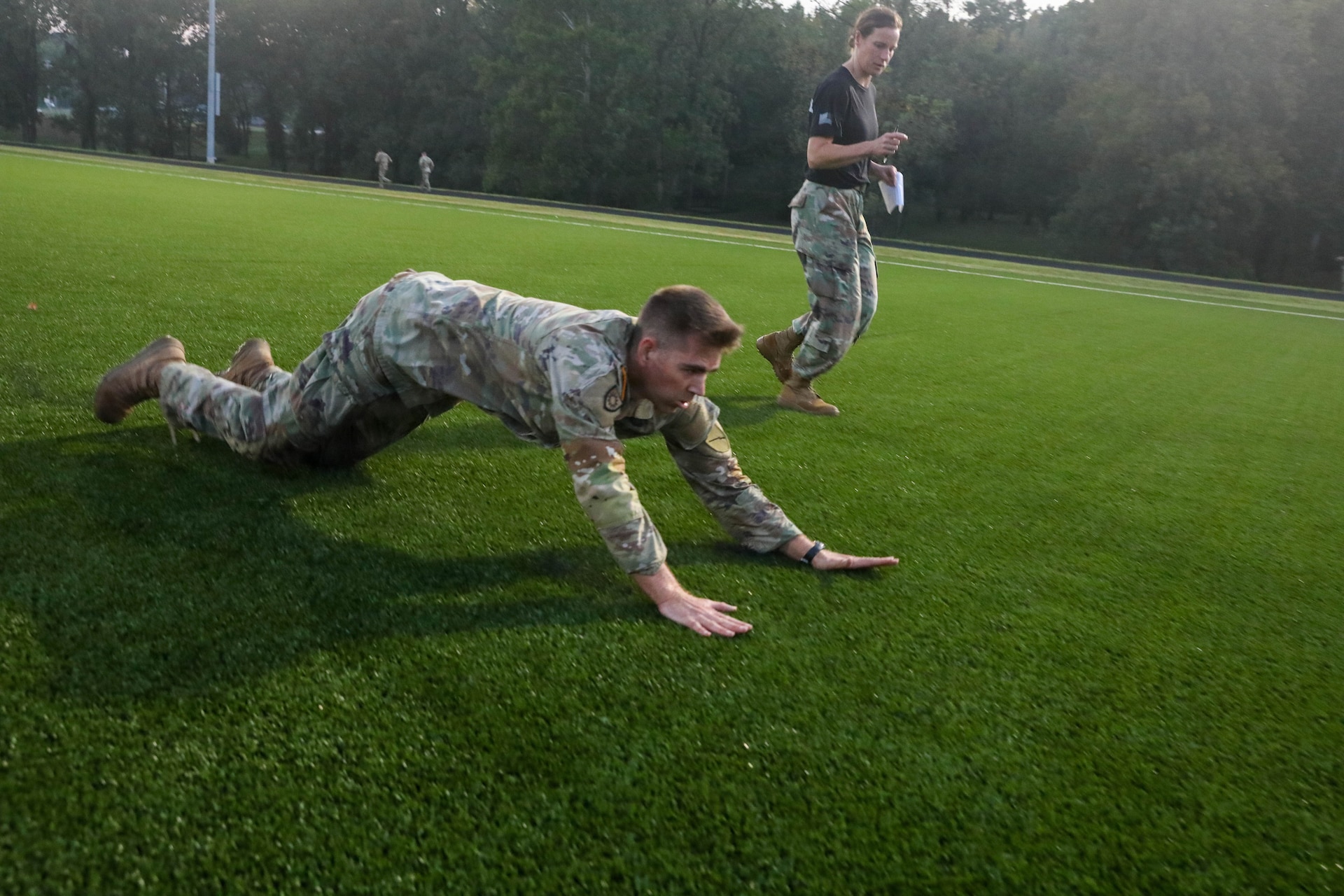 U.S. Army Maj. Eric Sheaks dives onto the turf during a Combat Field Test (CFT) held at the Kentucky National Guard’s inaugural Iron Major Leader Development Day at Wendell H. Ford Regional Training Center in Greenville, Kentucky, Aug. 15, 2026.