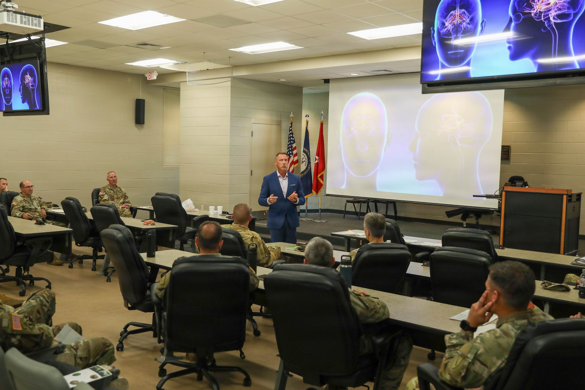 Retired Air Force Lt. Col. Shawn Dawley talks to the field grade officers during the inaugural Kentucky National Guard Iron Major Leader Development Day at the Wendell H. Ford Regional Training Center in Greenville, Kentucky, Aug. 15, 2026.