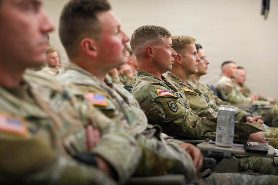 Kentucky National Guard officers and senior noncommissioned officers listen as U.S. Army Brig. Gen. Brian Wertzler delivers remarks during the pre-command course at Wendell H. Ford Regional Training Center in Greenville, Kentucky, Aug. 13, 2026.