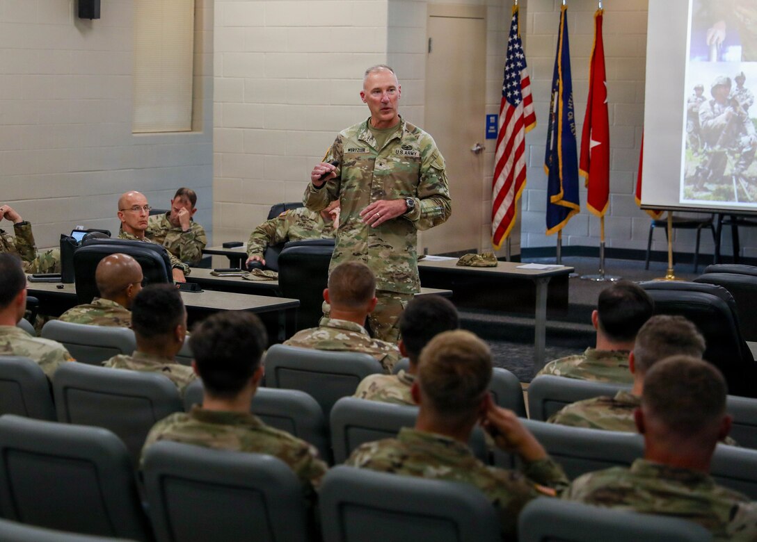 U.S. Army Brig. Gen. Brian Wertzler speaks to officers and senior noncommissioned officers during the Kentucky National Guard's pre-command course at Wendell H. Ford Regional Training Center in Greenville, Kentucky, Aug. 13, 2026.