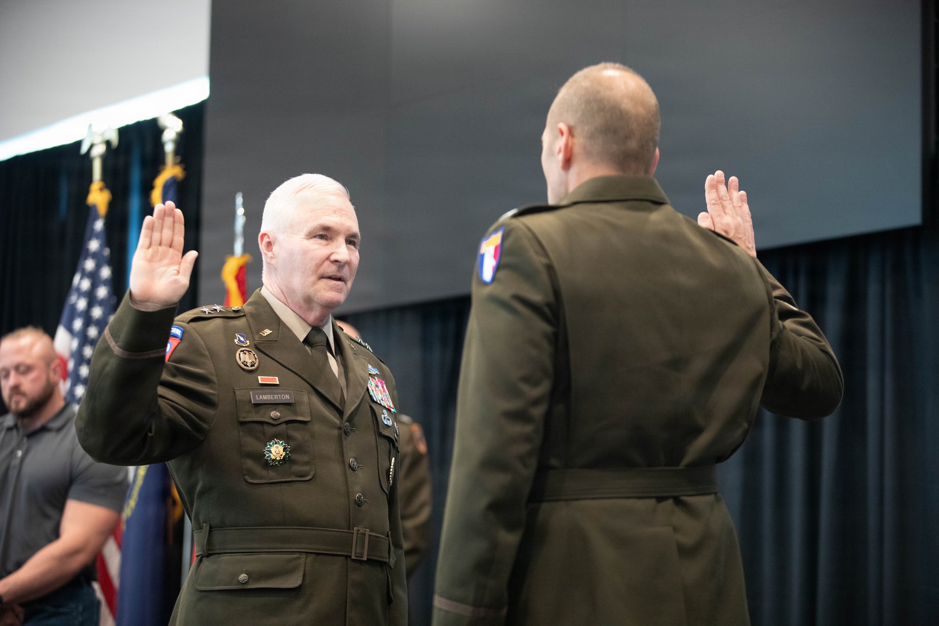 U.S. Army Maj. Gen. Haldane Lamberton, Kentucky’s adjutant general, administers the Oath of Office during a promotion ceremony to Col. John Barger in front of family, friends and colleagues at the Kentucky Historical Society in Frankfort, Aug. 10.