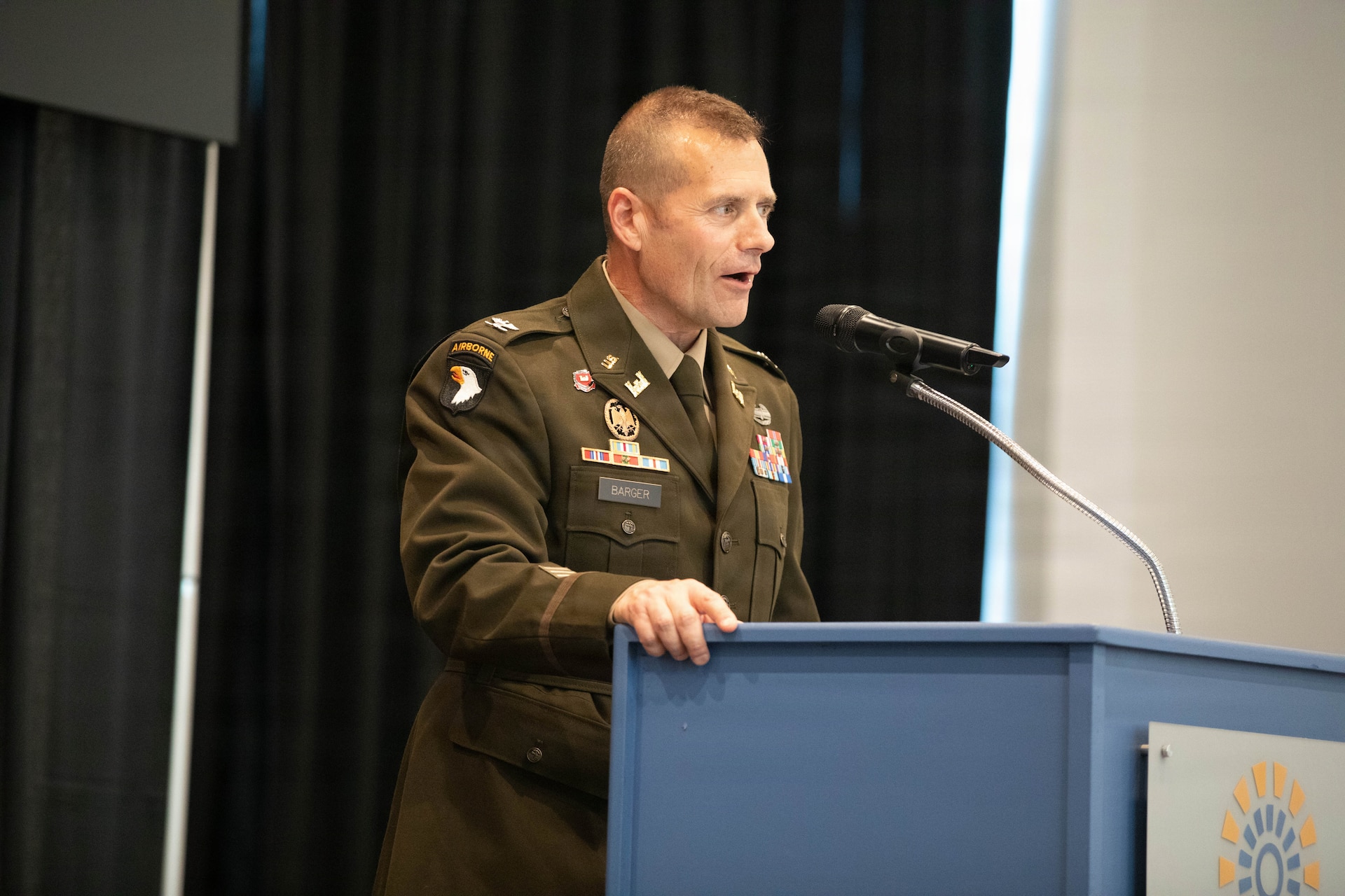 U.S. Army Col. John Barger speaks to family, friends and colleagues during a promotion ceremony at the Kentucky Historical Society in Frankfort, Kentucky, Aug. 10.