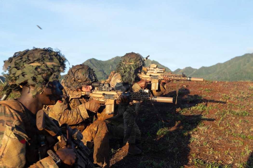 U.S. Army Soldiers assigned to 65th Engineer Battalion, 25th Division Sustainment Brigade, 25th Infantry Division, provide suppressing fire during a company combined arms live fire exercise (CALFEX) at Schofield Barracks, Hawaii on Aug. 20, 2026.