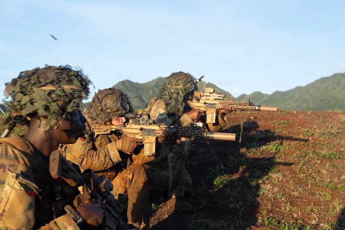 U.S. Army Soldiers assigned to 65th Engineer Battalion, 25th Division Sustainment Brigade, 25th Infantry Division, provide suppressing fire during a company combined arms live fire exercise (CALFEX) at Schofield Barracks, Hawaii on Aug. 20, 2026.