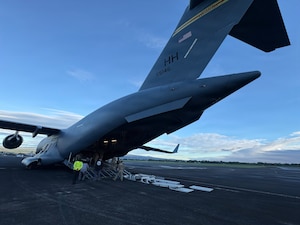 Photo of a C-17 from the rear.