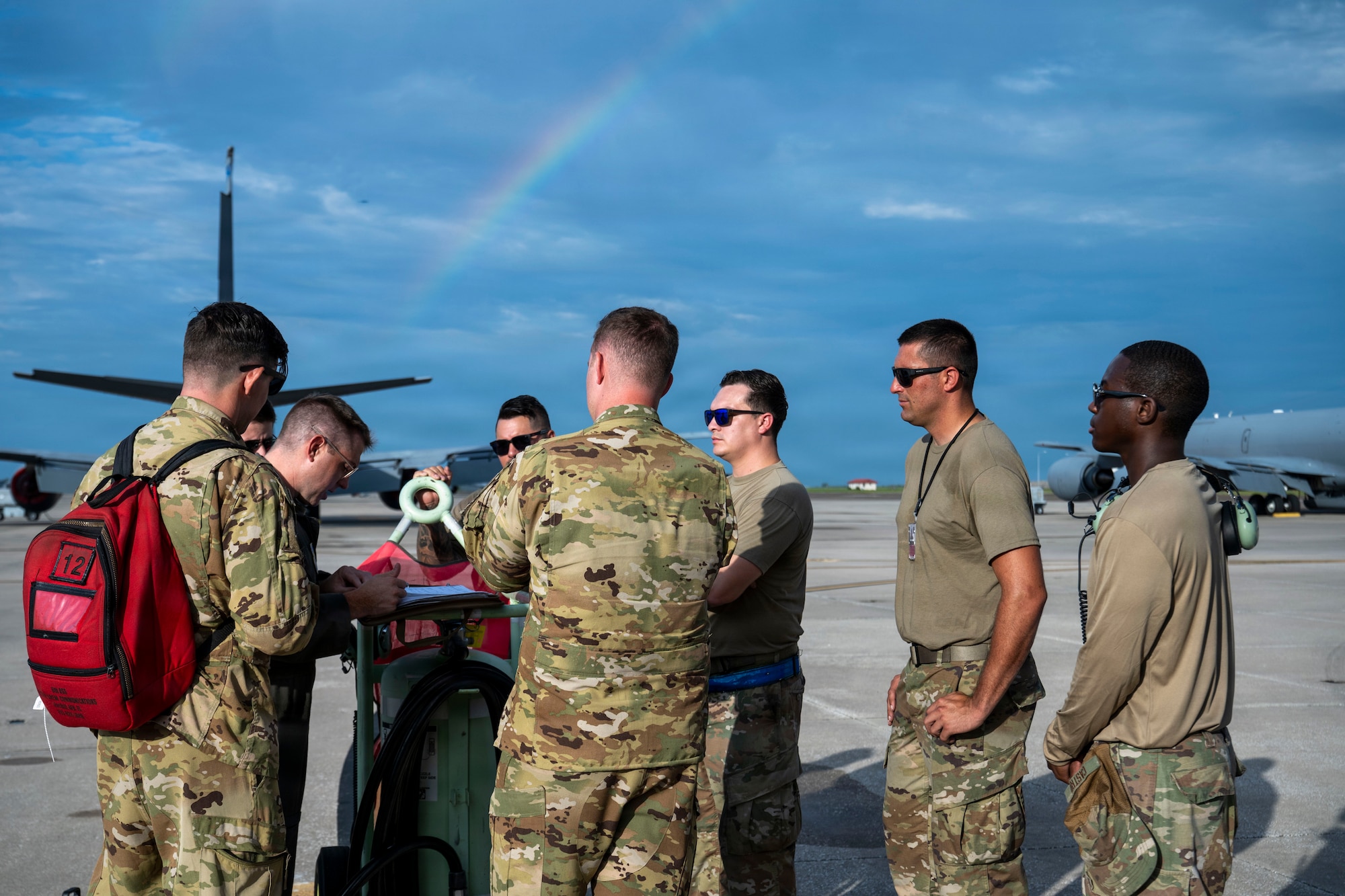 Aircrew assigned to the 91st Air Refueling Squadron conduct a preflight brief before a ceremonial mission at MacDill Air Force Base, Florida, Aug. 20, 2026. The crew prepared to honor retired U.S. Air Force Col. Jesse C. Bush Jr. during his interment ceremony at Arlington National Cemetery, Virginia. Bush, a World War II veteran and the last living survivor of the Berlin Airlift, served in the U.S. Air Force for more than 31 years. The mission honored his life, service and lasting legacy. (U.S. Air Force photo by Senior Airman Monique Stober)