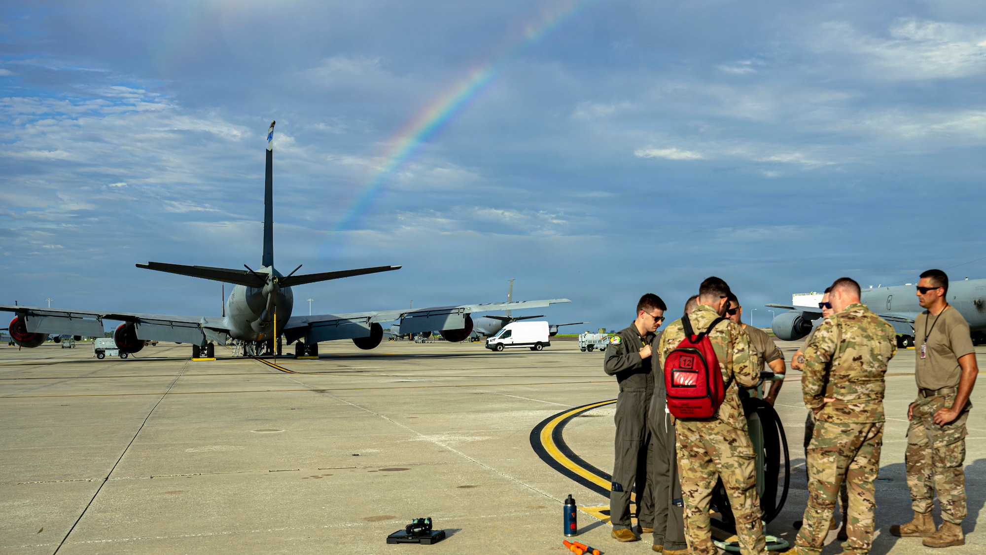 Aircrew assigned to the 91st Air Refueling Squadron conduct a preflight brief before a ceremonial mission at MacDill Air Force Base, Florida, Aug. 20, 2026. The crew prepared to honor retired U.S. Air Force Col. Jesse C. Bush Jr. during his interment ceremony at Arlington National Cemetery, Virginia. Bush, a World War II veteran and the last living survivor of the Berlin Airlift, served in the U.S. Air Force for more than 31 years. The mission honored his life, service and lasting legacy. (U.S. Air Force photo by Senior Airman Monique Stober)