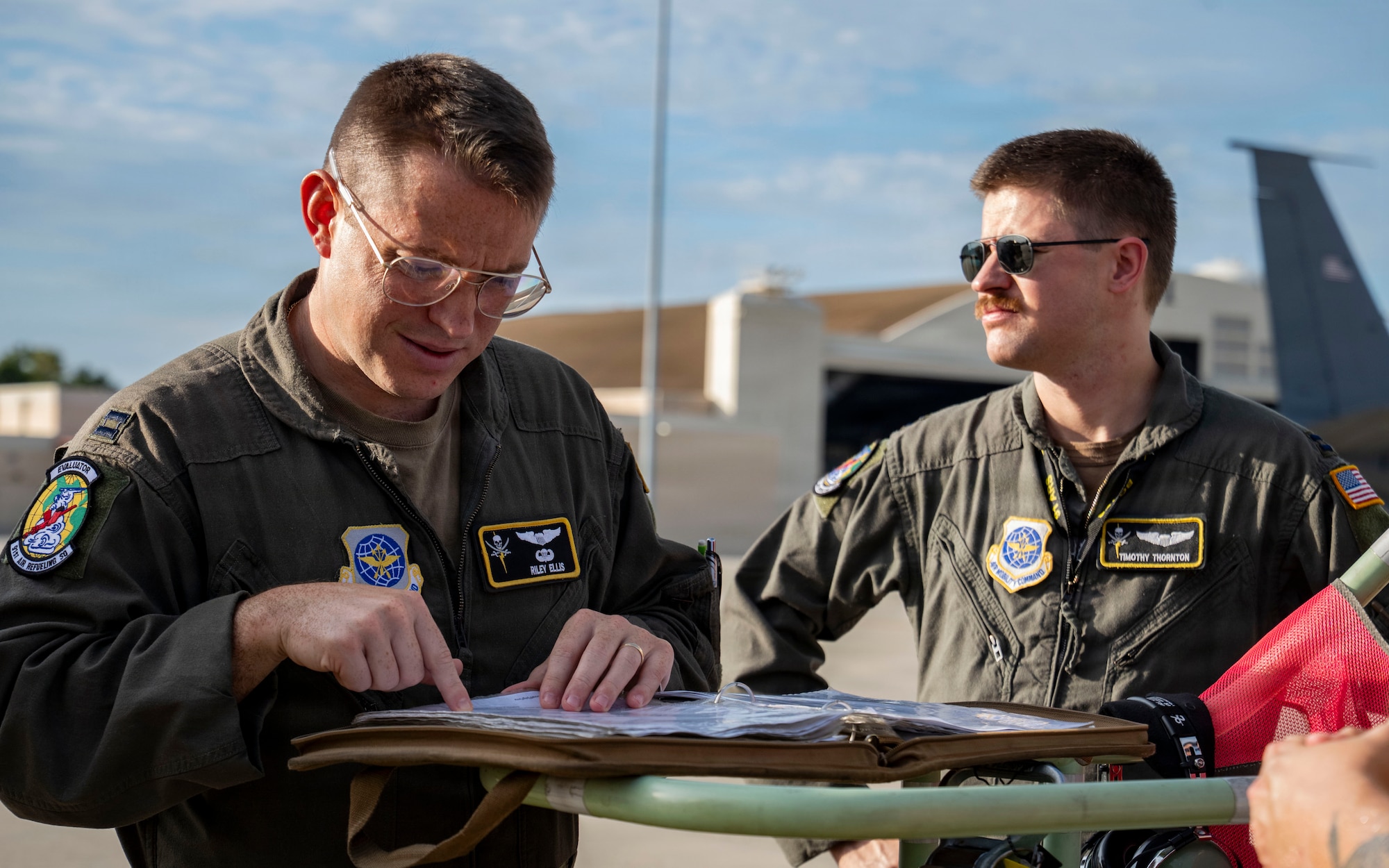 Aircrew assigned to the 91st Air Refueling Squadron conduct a preflight brief before a ceremonial mission at MacDill Air Force Base, Florida, Aug. 20, 2026. The crew prepared to honor retired U.S. Air Force Col. Jesse C. Bush Jr. during his interment ceremony at Arlington National Cemetery, Virginia. Bush, a World War II veteran and the last living survivor of the Berlin Airlift, served in the U.S. Air Force for more than 31 years. The mission honored his life, service and lasting legacy. (U.S. Air Force photo by Senior Airman Monique Stober)