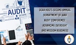 Title graphic with blue patriotic background with different words shaping out the theme of audit. Includes title of the news story: DCAA Hosts Second Annual Department of War Audit Conference