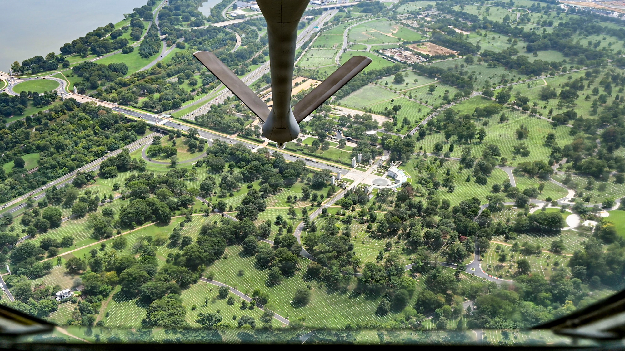 Aircrew assigned to the 91st Air Refueling Squadron honor retired U.S. Air Force Col. Jesse C. Bush Jr. with a flyover above Arlington National Cemetery during his interment ceremony in Arlington, Virginia, Aug. 20, 2026. Bush, a World War II veteran and the last living survivor of the Berlin Airlift, served in the U.S. Air Force for more than 31 years. The flyover honored his life, service and lasting legacy. (U.S. Air Force photo by Senior Airman Monique Stober)