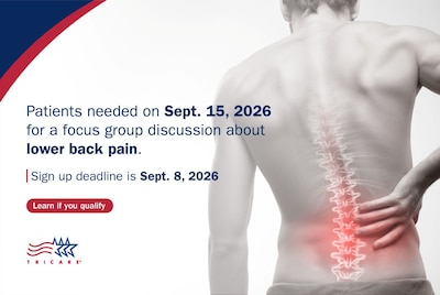 "Patients needed on Sept. 15, 2026 for a focus group discussion about lower back pain. Sign up deadline is Sept. 8, 2026.