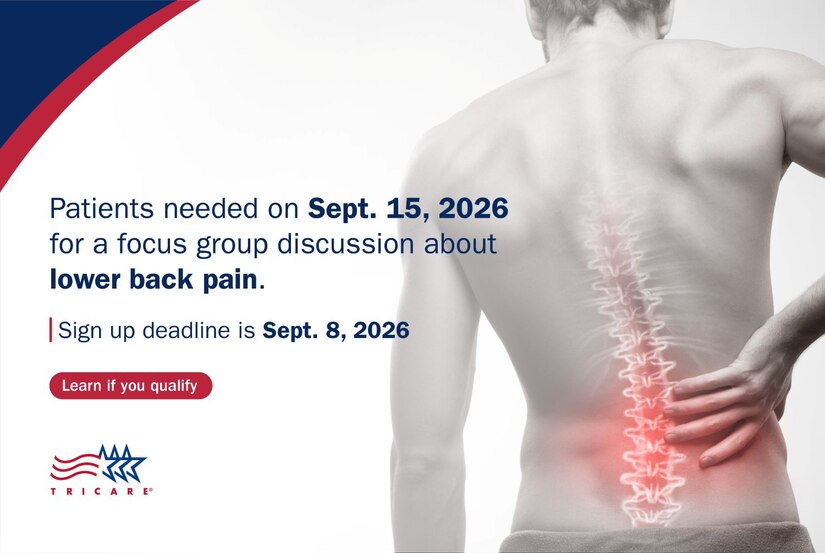 "Patients needed on Sept. 15, 2026 for a focus group discussion about lower back pain. Sign up deadline is Sept. 8, 2026.